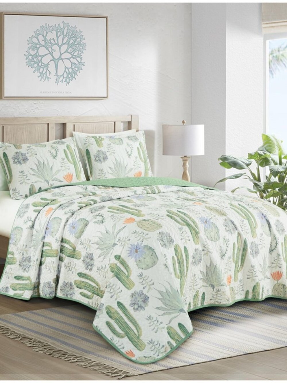 Gregory 3-Piece Southwestern Serene Desert Quilt Set - Green Blue Cactus